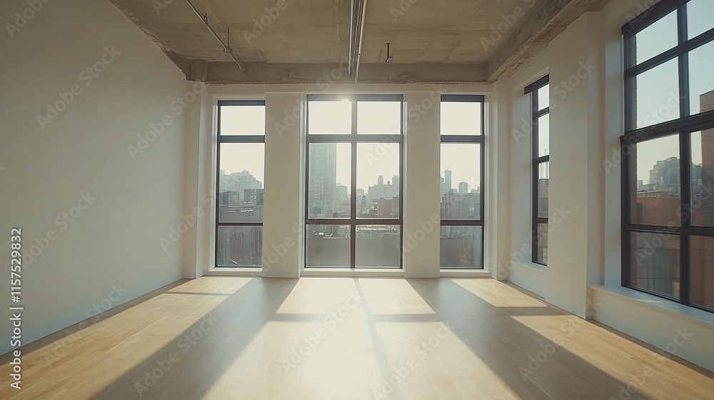 Sunlit empty loft apartment with large windows and city view.