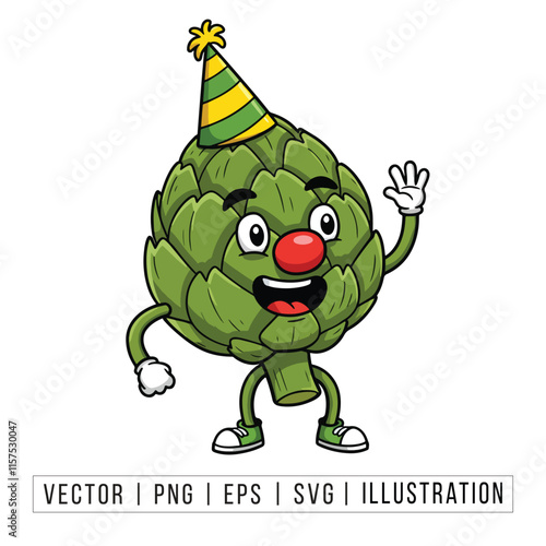 Cheerful Cartoon Artichoke Character with Party Hat Waving - Fun and Festive Vector Illustration
