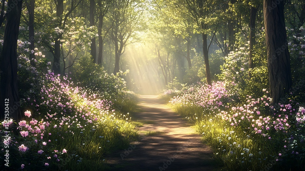 Obraz premium Golden sunlight filters through the leaves of ancient trees, painting the forest floor with dappled light and casting long shadows