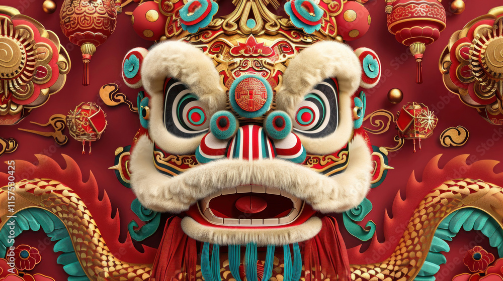 Fototapeta premium Chinese New Year poster, traditional festive theme, vibrant colors, rich red and gold details, detailed cultural elements, high-resolution illustration