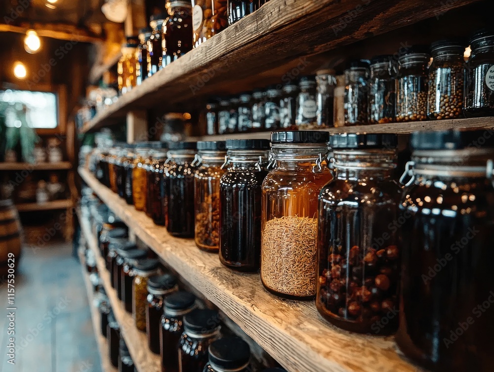 A rustic shelf filled with various jars of ingredients. A rustic shelf filled with various jars of ingredients.