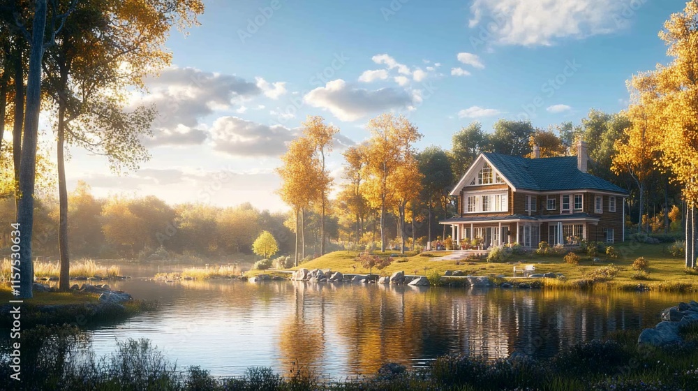 Lakeside autumn house, golden hour sunlight. Lakeside autumn house, golden hour sunlight.