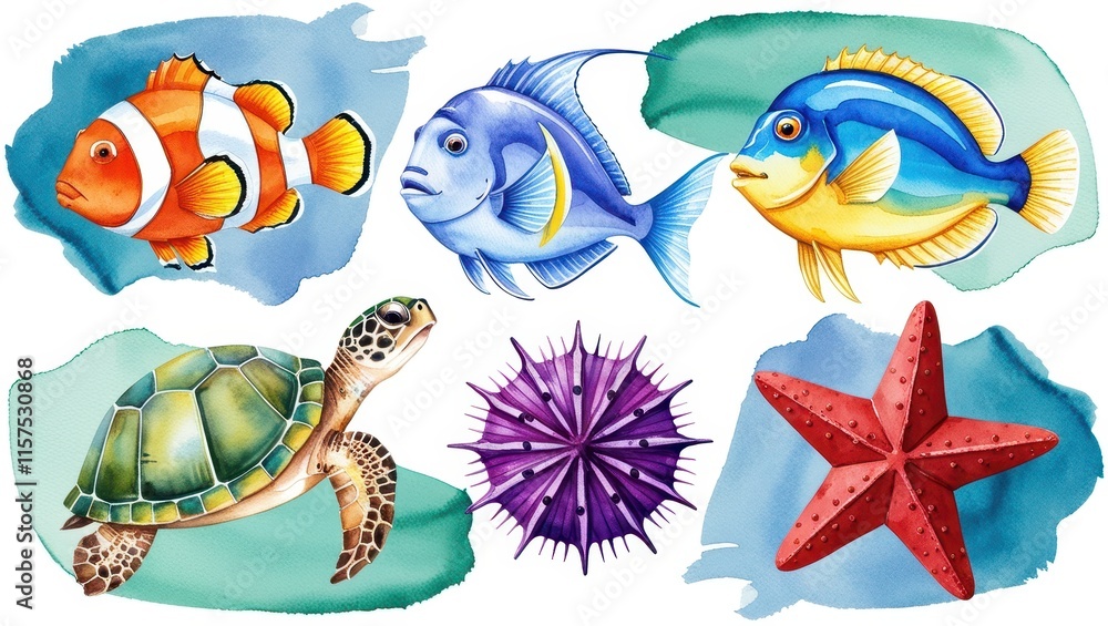 Obraz premium Watercolor Ocean Life Fish Turtle Starfish Sea Urchin