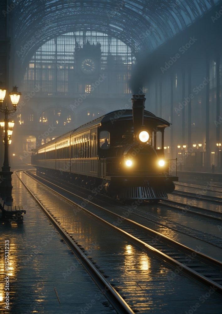 Fototapeta premium Atmospheric Victorian Era Rail Station with Gleaming Steam Locomotive on the Platform
