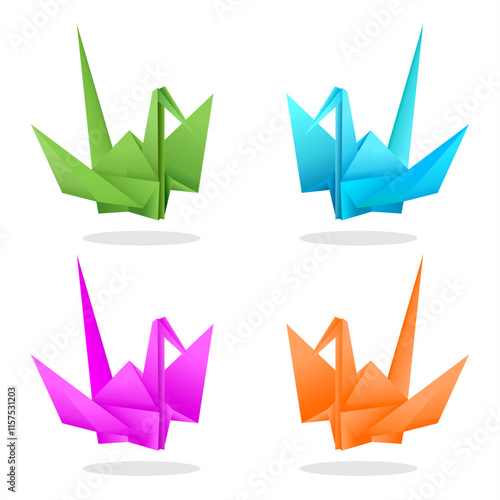 Origami birds set vector. Bird origami in green, orange, magenta and blue color.