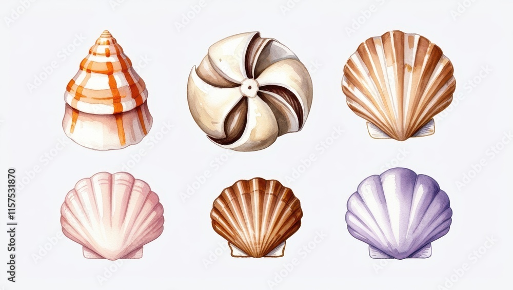Watercolor Seashells Collection Scallops Spiral Ocean Shells Watercolor Seashells Collection Scallops Spiral Ocean Shells