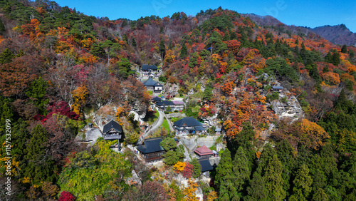 Risshaku-ji Temple on a sunny autumn day from a bird's view