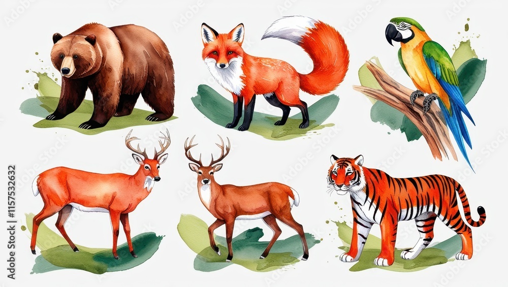 Obraz premium Watercolor Wildlife Collection Bear Fox Deer Tiger Parrot