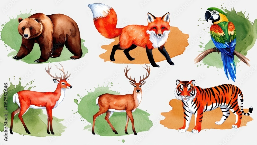Obraz premium Watercolor Wildlife Set Bear Fox Deer Tiger Parrot