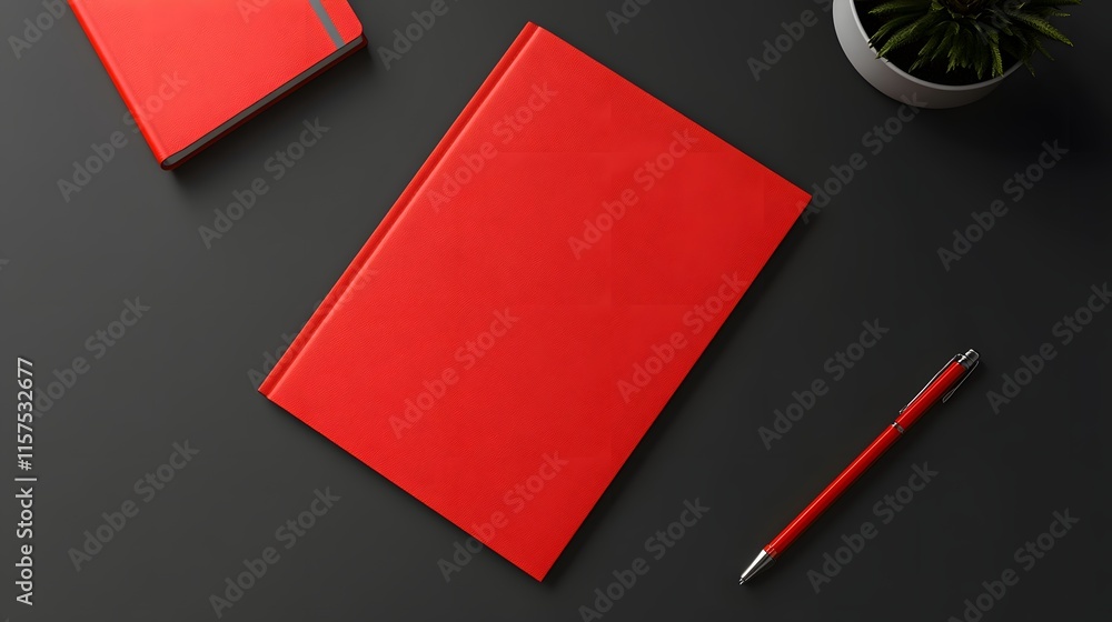 Red Notebooks Pen and Plant on Dark Surface Red Notebooks Pen and Plant on Dark Surface
