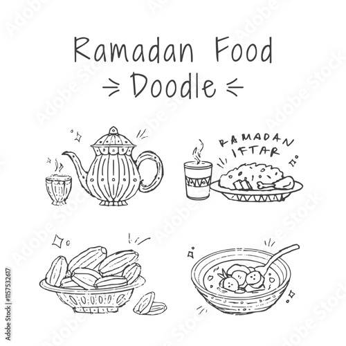 Ramadan hand drawn illustration pack. Set of Islamic iftar food doodle vector design elements. Sketch style outline icon of teapot, kettle, dates, rice, indonesian dessert food. 