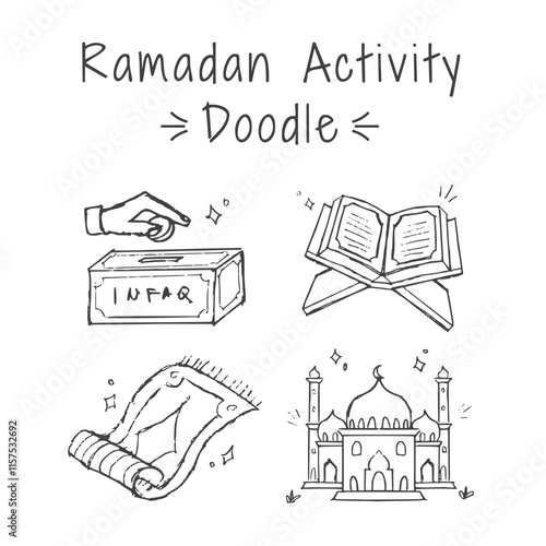 Ramadan hand drawn illustration pack. Set of Islamic praying activity doodle vector design elements. Sketch style outline icon of muslim quran, prayer mat, mosque and charity.