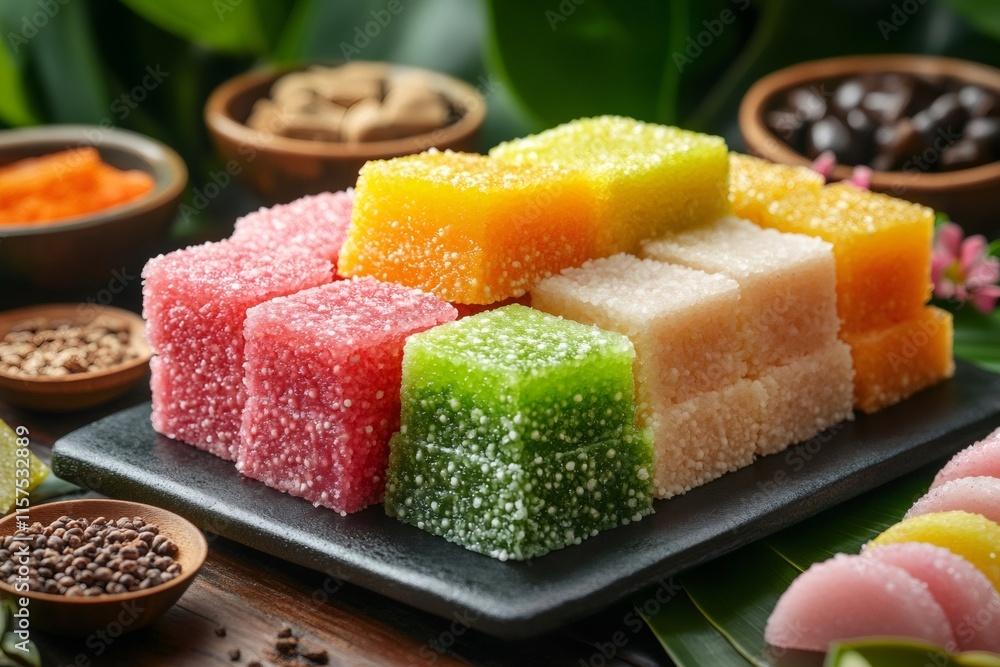 Colorful gelatin cubes displayed on serving tray with spices Colorful gelatin cubes displayed on serving tray with spices