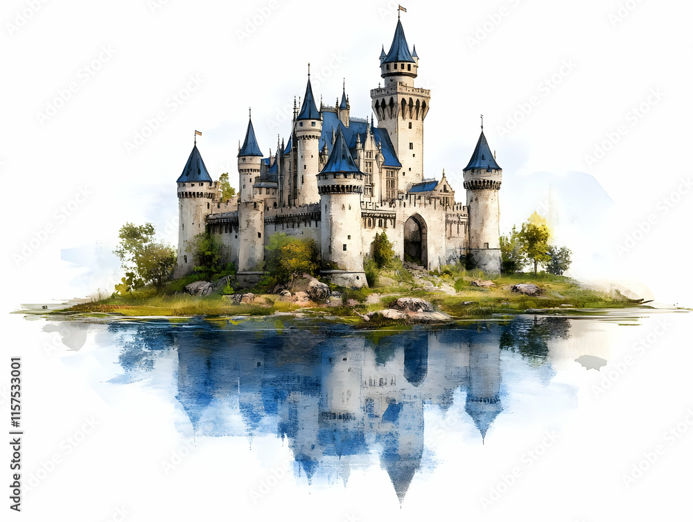 Fototapeta premium Fairytale Castle Watercolor Illustration