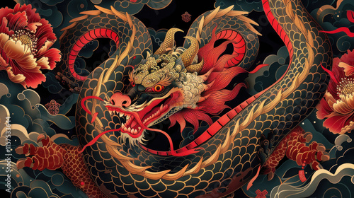 Wallpaper Mural Chinese New Year snake-themed illustrations, traditional festive theme, vibrant colors, rich red and gold details, detailed cultural elements, high-resolution illustration Torontodigital.ca