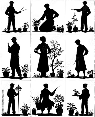 Bonsai growing. Bonsai artist caring, pruning and trimming bonsai tree. Traditional gardening hobby. Oriental bonsai tree. Flat vector silhouettes