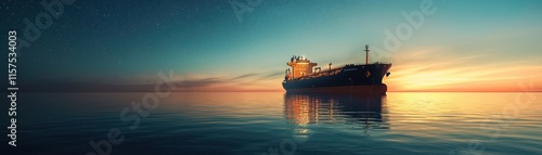 A cargo ship sailing peacefully at sunset on calm waters.