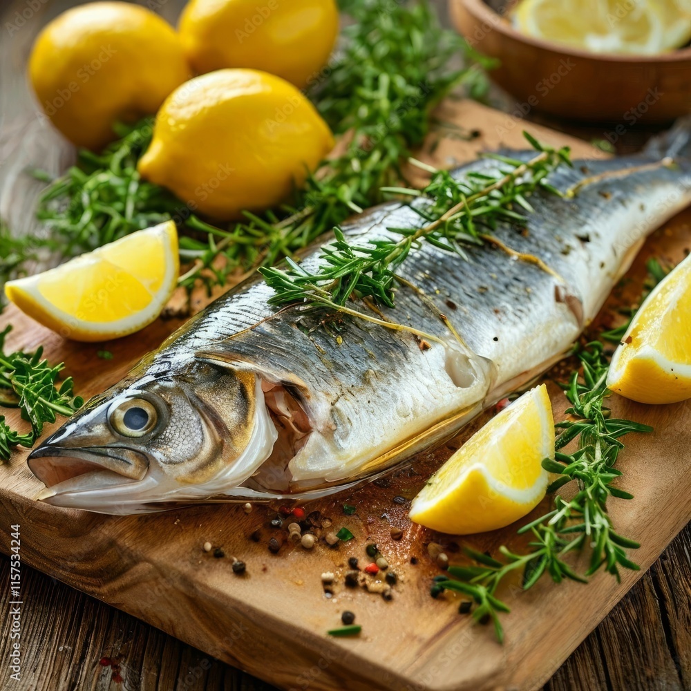 Barramundi served on a wooden board Barramundi served on a wooden board