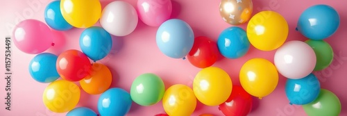 Colorful balloons scattered on a pink background create a festive atmosphere for celebrations and parties photo