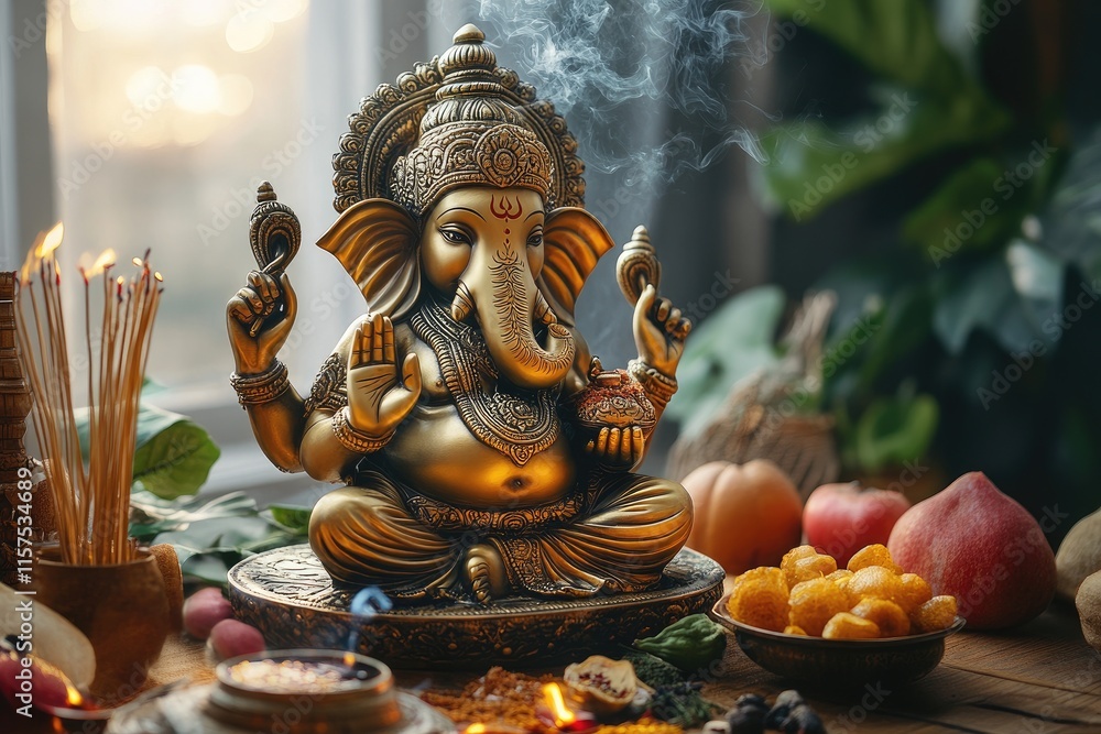 Golden ganesha statue with incense and offerings celebrating ganesh chaturthi Golden ganesha statue with incense and offerings celebrating ganesh chaturthi