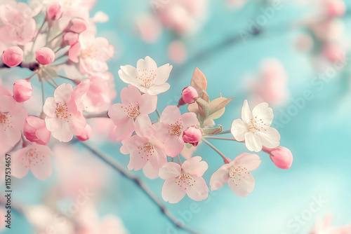 Wallpaper Mural Close-up of delicate pink cherry blossoms blooming on branches against a soft blue sky Torontodigital.ca