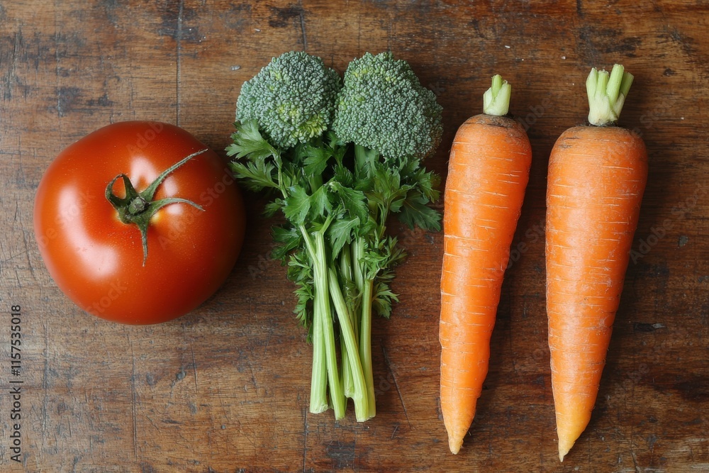 Fresh broccoli, a ripe tomato, and a bright carrot arranged. A vibrant and healthy display of vegetables. Perfect for nutrition and health-related designs Fresh broccoli, a ripe tomato, and a bright carrot arranged. A vibrant and healthy display of vegetables. Perfect for nutrition and health-related designs