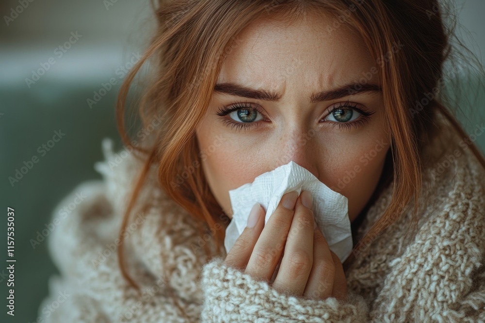 A woman in a cozy sweater holding a tissue to her nose. A realistic portrayal of cold and flu symptoms. Perfect for medical or health-related visuals. A woman in a cozy sweater holding a tissue to her nose. A realistic portrayal of cold and flu symptoms. Perfect for medical or health-related visuals.