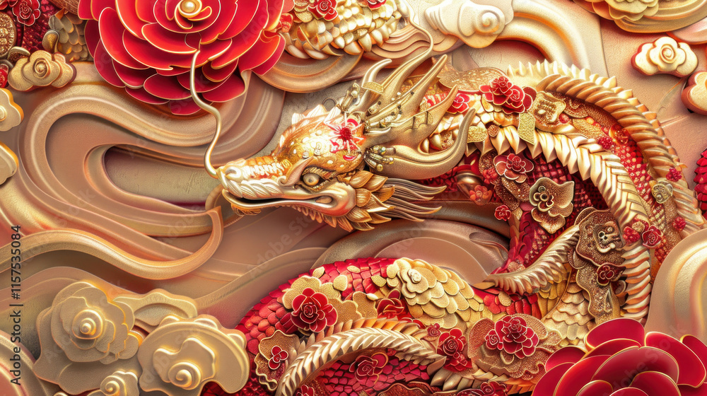 custom made wallpaper toronto digitalChinese New Year snake crafts, traditional festive theme, vibrant colors, rich red and gold details, detailed cultural elements, high-resolution illustration