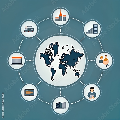 Global business continuity plan. World map connected to tech icons. Data protection, network security important parts of plan. Business growth. International information tech. Downtime minimized.