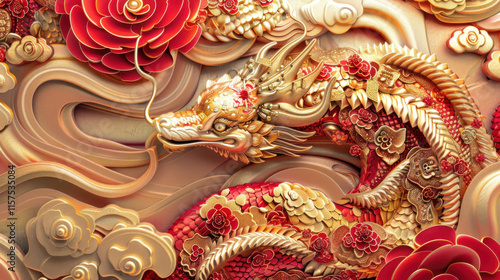 Wallpaper Mural Chinese New Year snake crafts, traditional festive theme, vibrant colors, rich red and gold details, detailed cultural elements, high-resolution illustration Torontodigital.ca