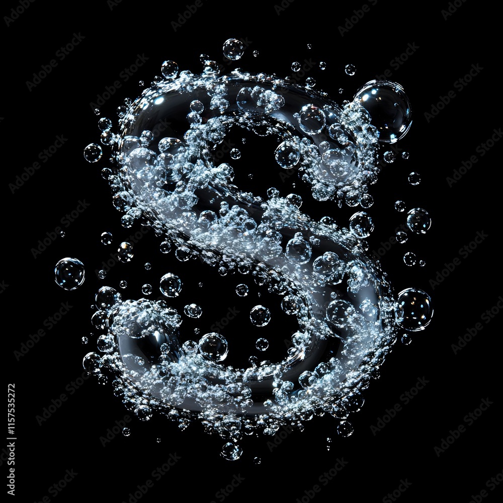 Obraz premium Sparkling Bubbles Forming the Letter S in Flowing Water on Black Background