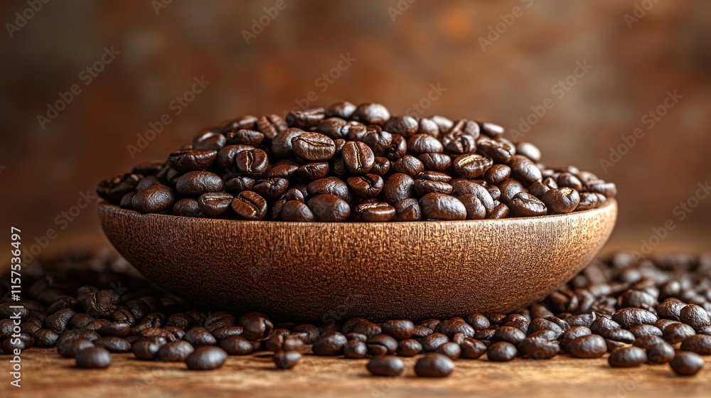 Freshly roasted coffee beans displayed in a rustic bowl on a wooden surface with scattered beans around Freshly roasted coffee beans displayed in a rustic bowl on a wooden surface with scattered beans around