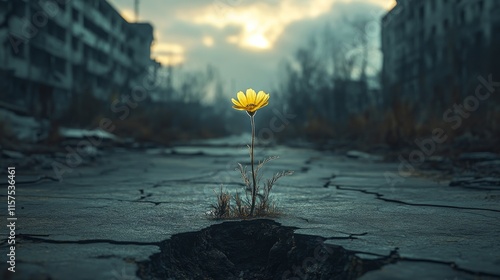 Yellow flower emerges from cracked ground in desolate urban landscape at dusk showcasing resilience and beauty amidst decay
