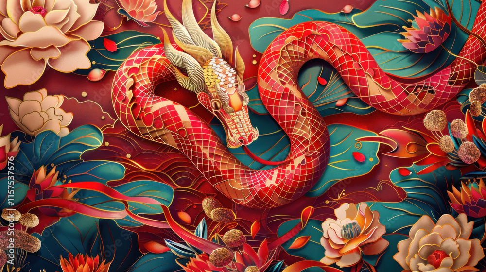 Fototapeta premium Chinese New Year snake paper cuttings, traditional festive theme, vibrant colors, rich red and gold details, detailed cultural elements, high-resolution illustration