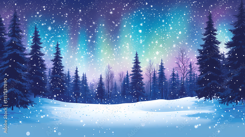 Vivid auroras illuminate a snowy forest beneath a starry night. Borealis. Illustration Vivid auroras illuminate a snowy forest beneath a starry night. Borealis. Illustration
