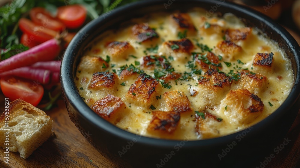 A bubbling pot of cheese fondue surrounded by rustic bread chunks A bubbling pot of cheese fondue surrounded by rustic bread chunks