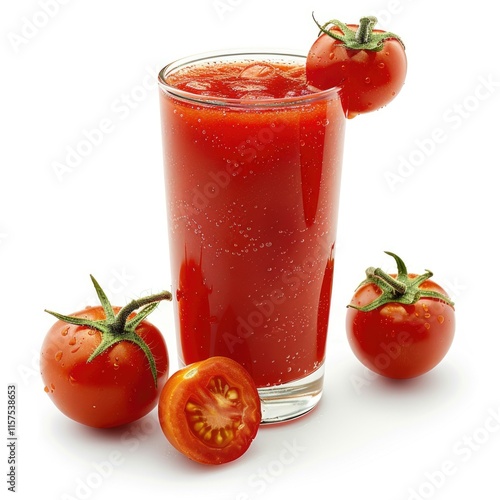 Refreshing glass of tomato juice with ripe tomatoes, perfect for a healthy and delicious drink. photo