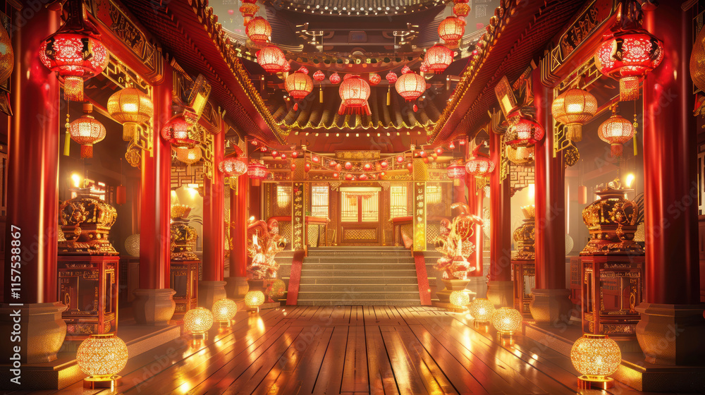 Fototapeta premium Chinese New Year temple fair, traditional festive theme, vibrant colors, rich red and gold details, detailed cultural elements, high-resolution illustration