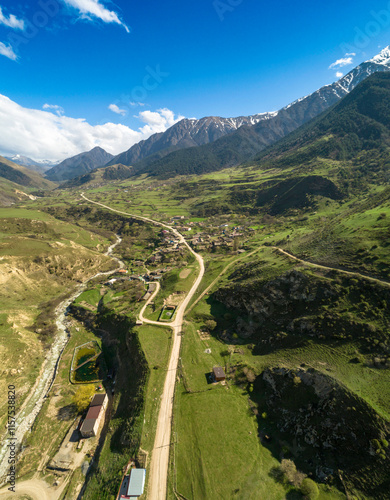 Beautiful aerial view of a mountain road. Landscape and nature of the North Caucasus