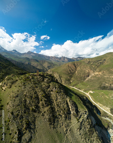 Beautiful aerial view of the mountain gorge. Landscape and nature of the North Caucasus