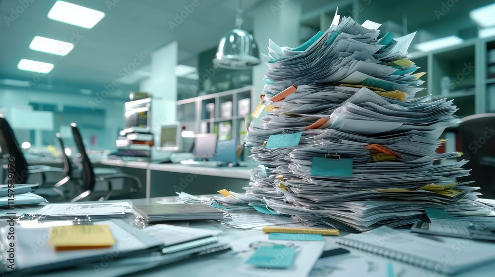 A cluttered office desk filled with stacks of messy paperwork. A cluttered office desk filled with stacks of messy paperwork.