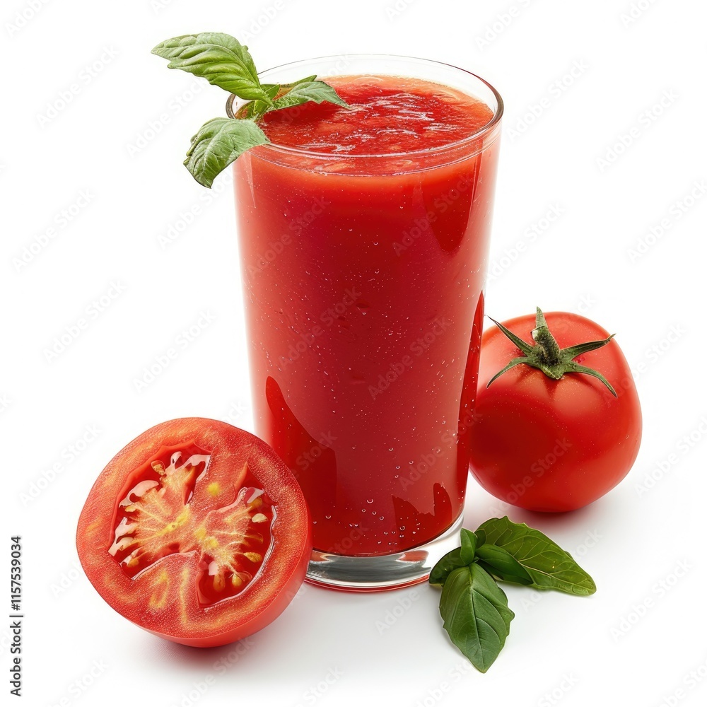 Refreshing glass of tomato juice garnished with basil, accompanied by fresh tomato slices. Refreshing glass of tomato juice garnished with basil, accompanied by fresh tomato slices.
