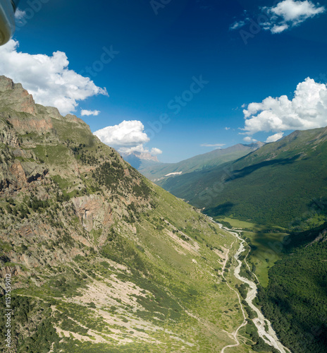 Beautiful aerial view of the mountain gorge. Landscape and nature of the North Caucasus