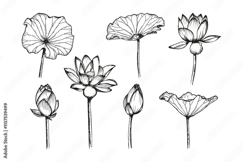 Obraz premium Lotus flowers and leaves sketch outline illustration set. Line art floral botany drawing in engraving style. Hand drawn vector clipart collection isolated on a white background