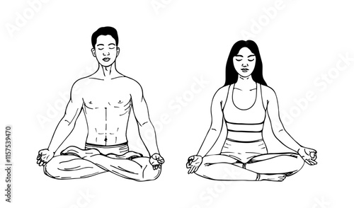 Silhouette of a male and female human body sitting in a lotus position. Meditating body silhouette illustration isolated on white background design