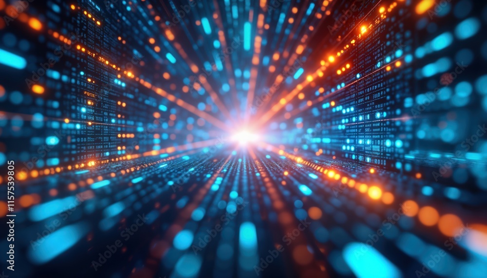 Obraz premium Dynamic flow of blue, orange light streams creates futuristic digital landscape. Fast data transfer tech advancement. Abstract scene evokes high-speed communication. No people in image. Modern