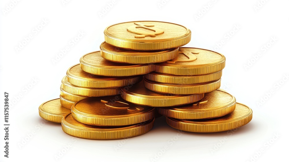 Stacks of golden coins arranged neatly in a pile on a white background representing wealth and investment opportunities Stacks of golden coins arranged neatly in a pile on a white background representing wealth and investment opportunities