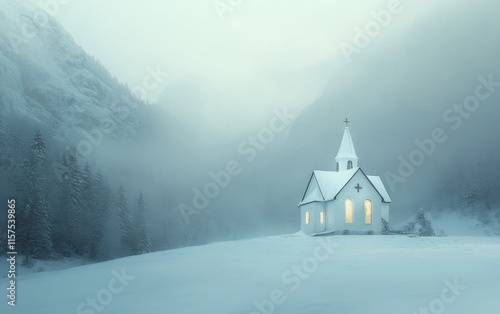 Wallpaper Mural A wide-shot, hyper-realistic image of a small white church in a misty, snow-covered winter valley, with glowing windows and a white color palette Torontodigital.ca