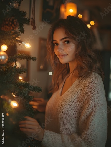A woman elegantly decorates a Christmas tree