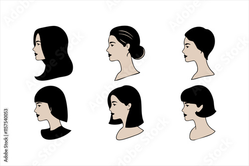 Woman’s Head Silhouette – Graceful Female Profile with Curly Hair in Black, Perfect for Designs